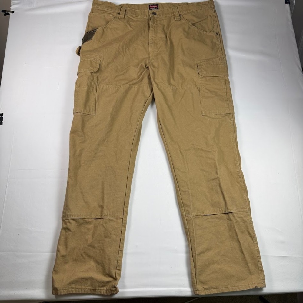 Wrangler Workwear Cargo Pants Mens Tan Ripstop Straight Leg 40x32 Carpenter Loop